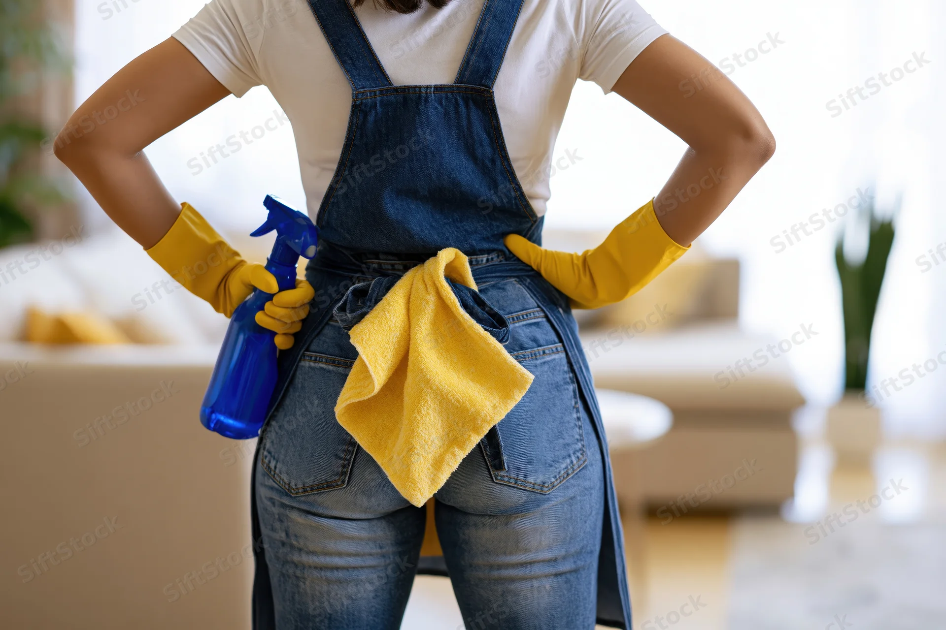 Woman in denim overalls with cleaning supplies standing in living room hands on hips