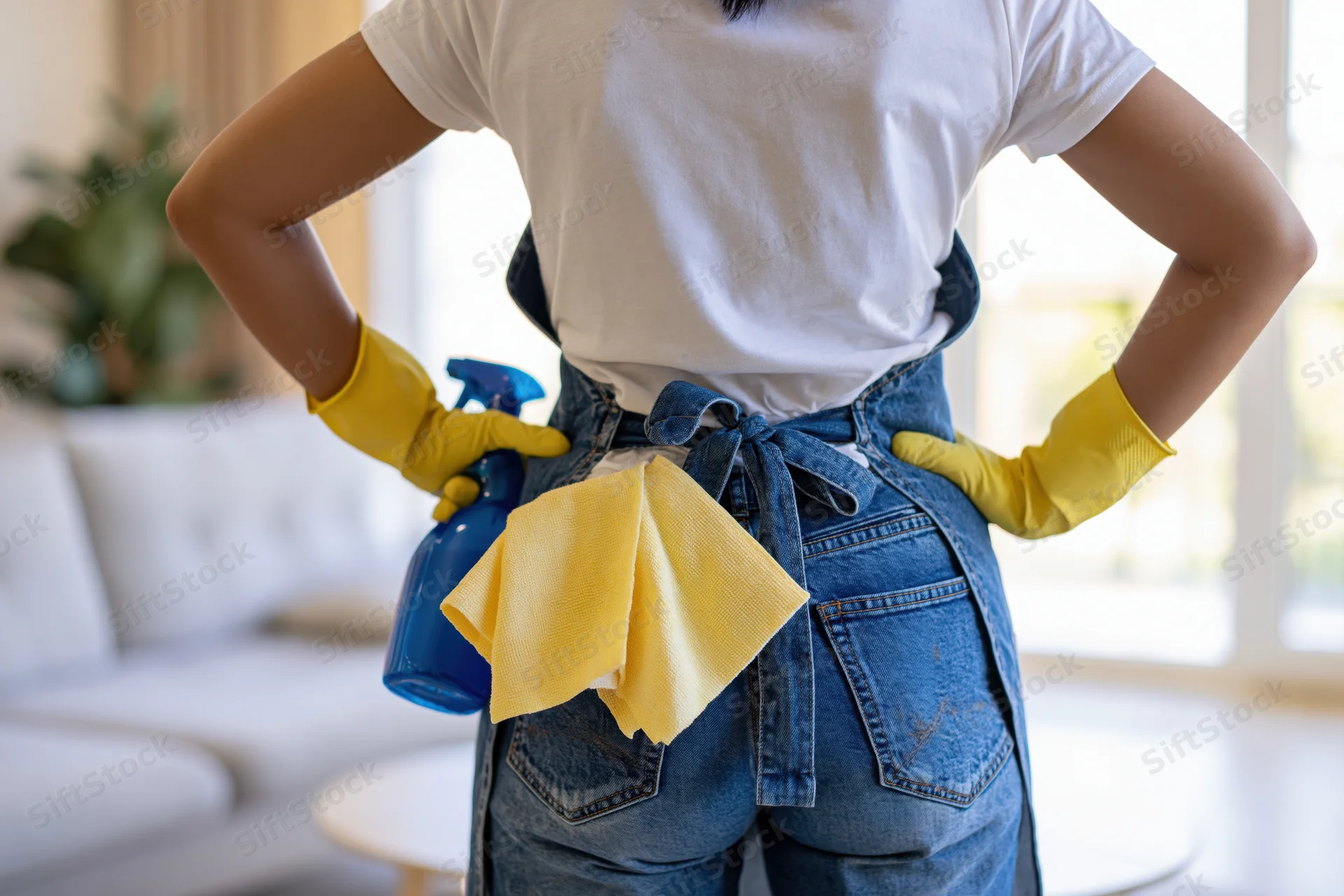 Woman in denim apron and yellow gloves standing with hands on hips in living room holding spray bottle and cloth