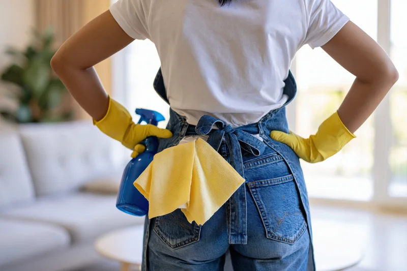 Woman in denim apron and yellow gloves standing with hands on hips in living room holding spray bottle and cloth