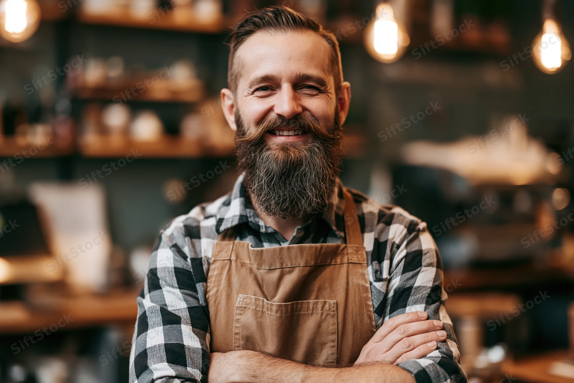 Bearded man in apron smiling with arms crossed in coffee shop interior