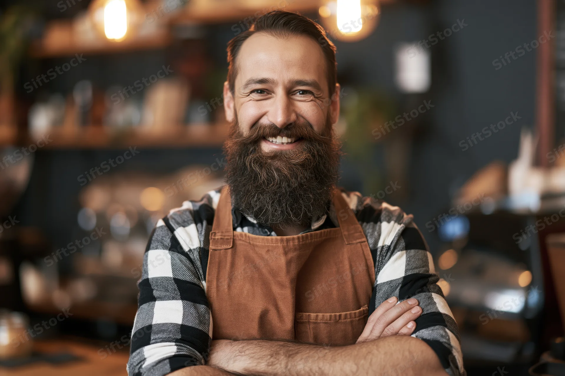 Bearded man in apron smiling with arms crossed behind coffee shop counter
