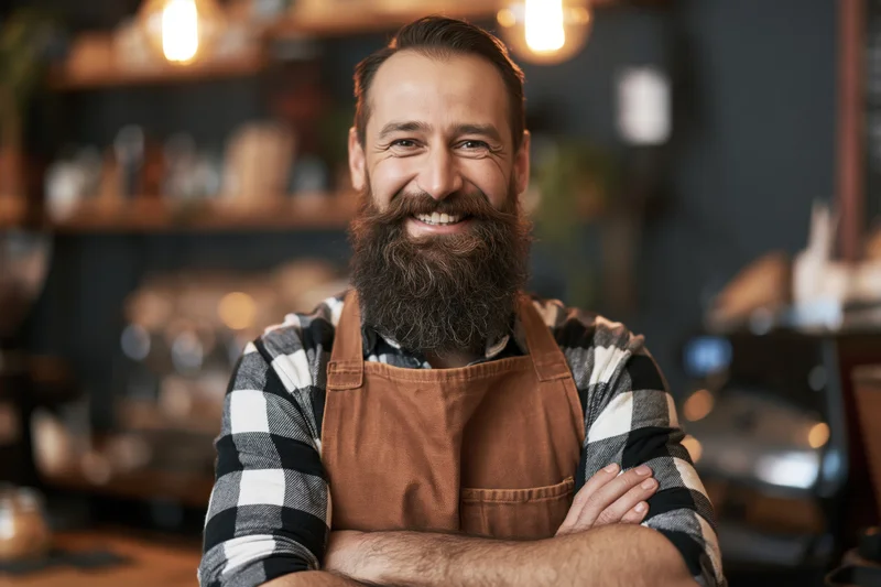 Bearded man in apron smiling with arms crossed behind coffee shop counter