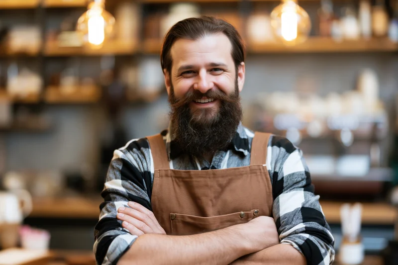 Bearded man in apron smiling with arms crossed behind coffee shop counter