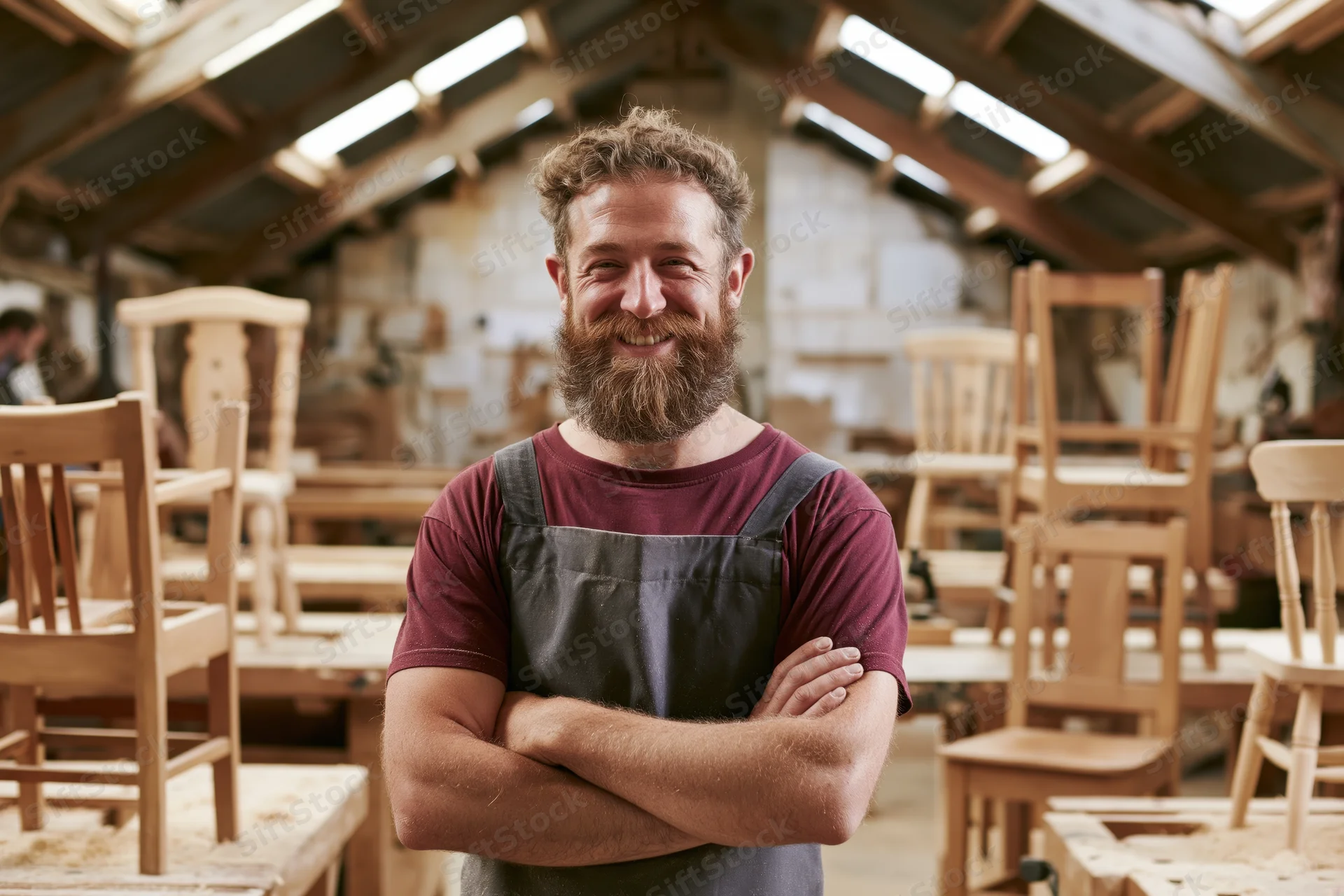 Bearded male carpenter smiling with arms crossed in a woodworking workshop filled with wooden chairs