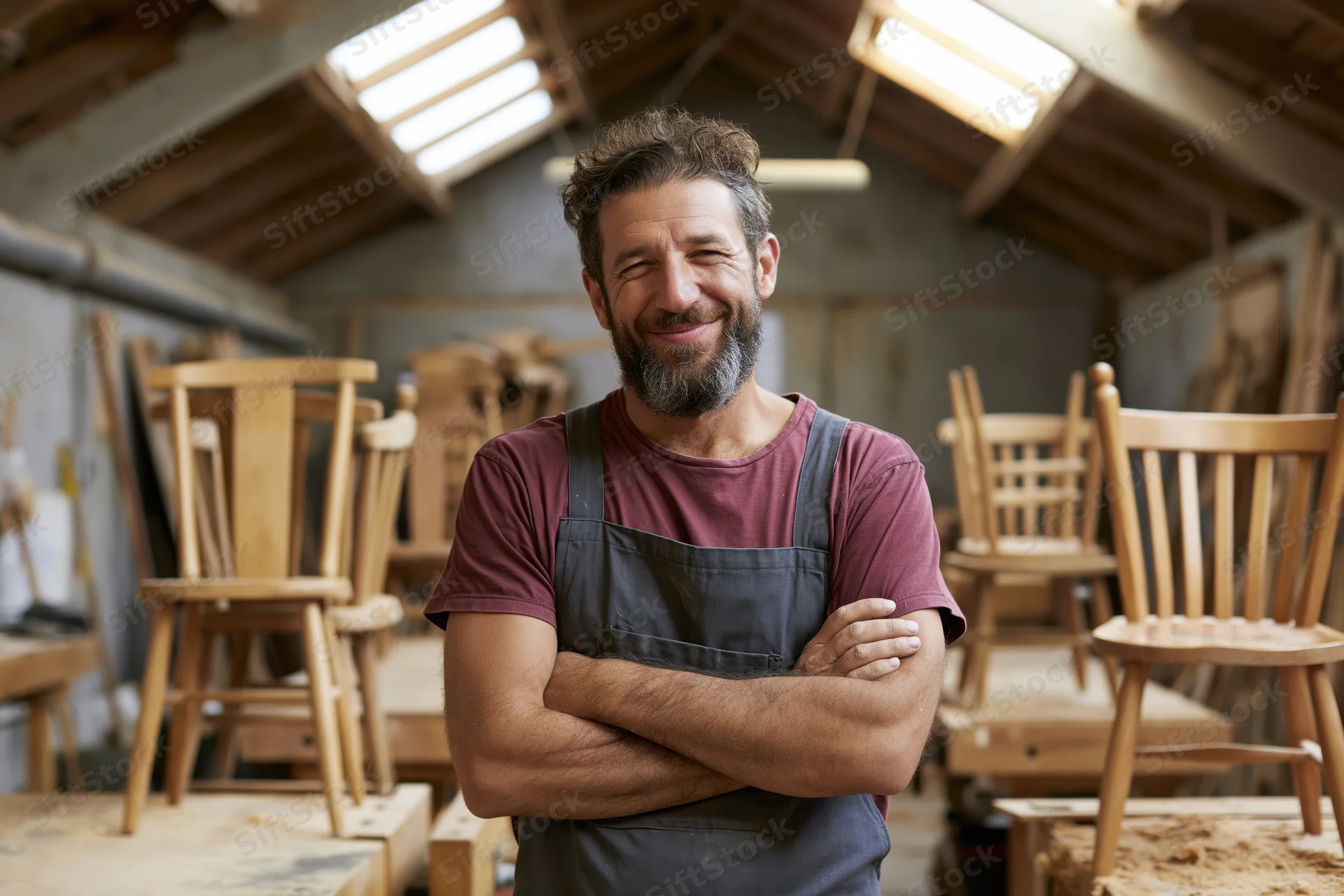 Bearded male carpenter standing with arms crossed smiling in a workshop surrounded by wooden chairs and tools