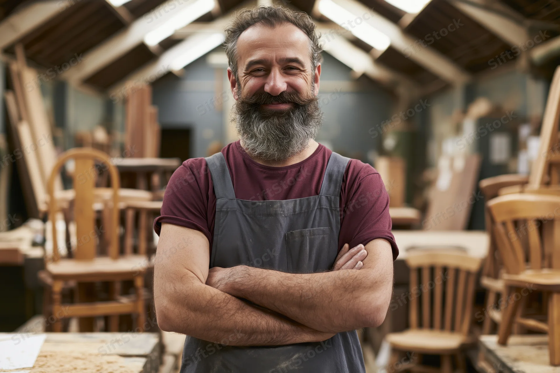 Bearded male carpenter standing with arms crossed smiling in a woodworking workshop filled with chairs and lumber