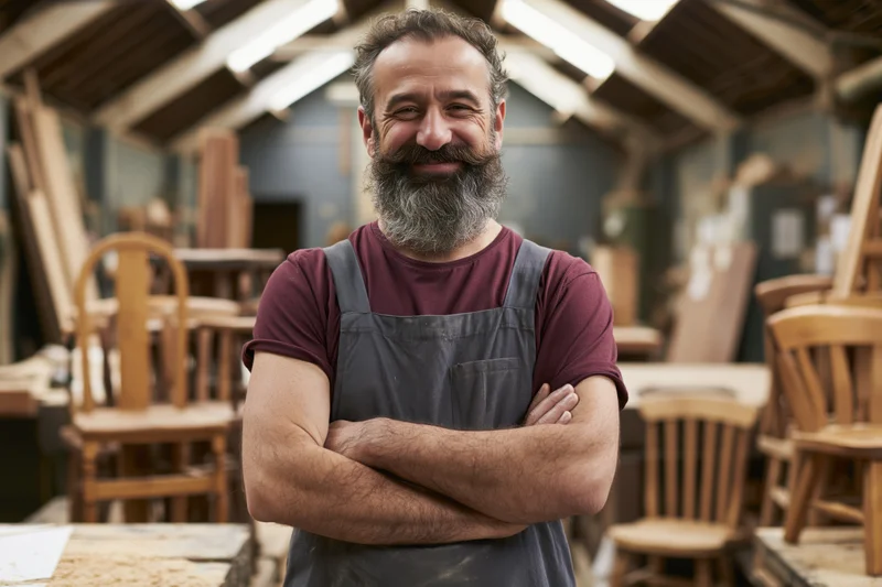Bearded male carpenter standing with arms crossed smiling in a woodworking workshop filled with chairs and lumber