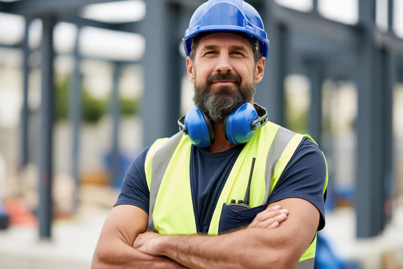 Bearded man in blue helmet and yellow vest with arms crossed on construction site