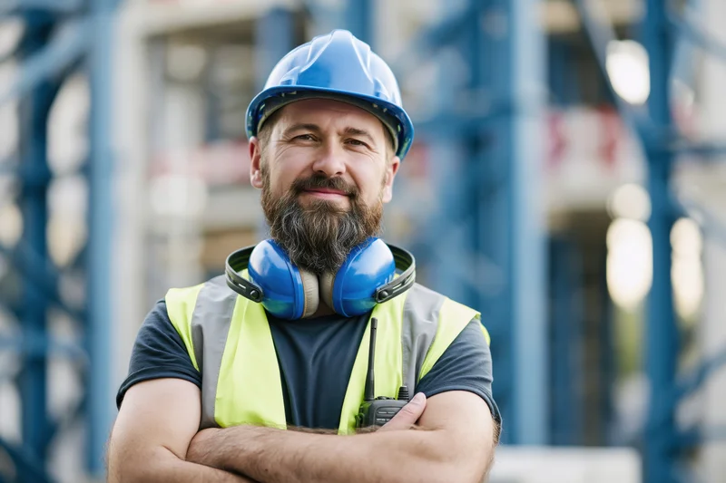 Bearded man in blue helmet and yellow vest with arms crossed on construction site