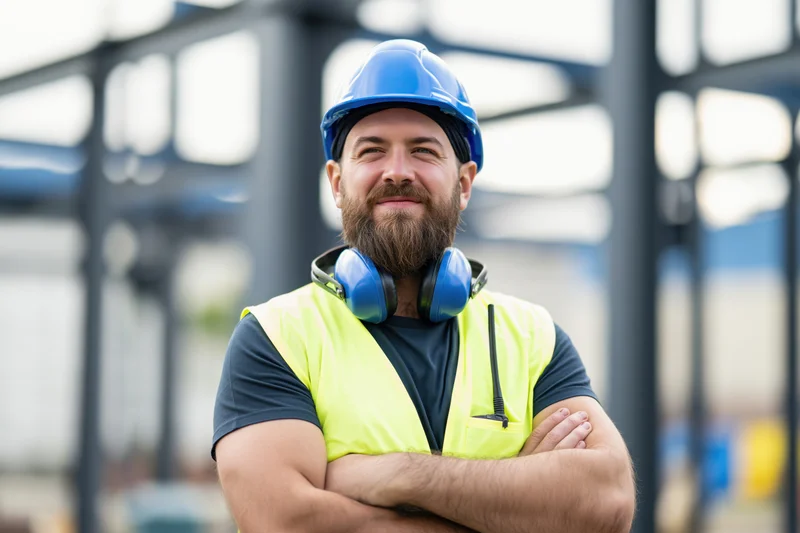 Bearded man in blue hardhat and yellow safety vest with arms crossed on construction site