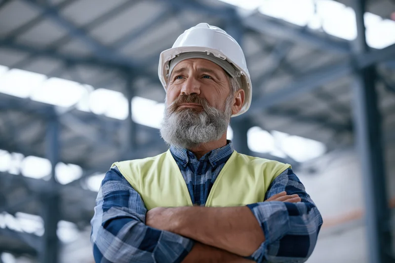 Bearded male engineer in his fifties standing with arms crossed in a factory interior wearing a white helmet and yellow safety vest