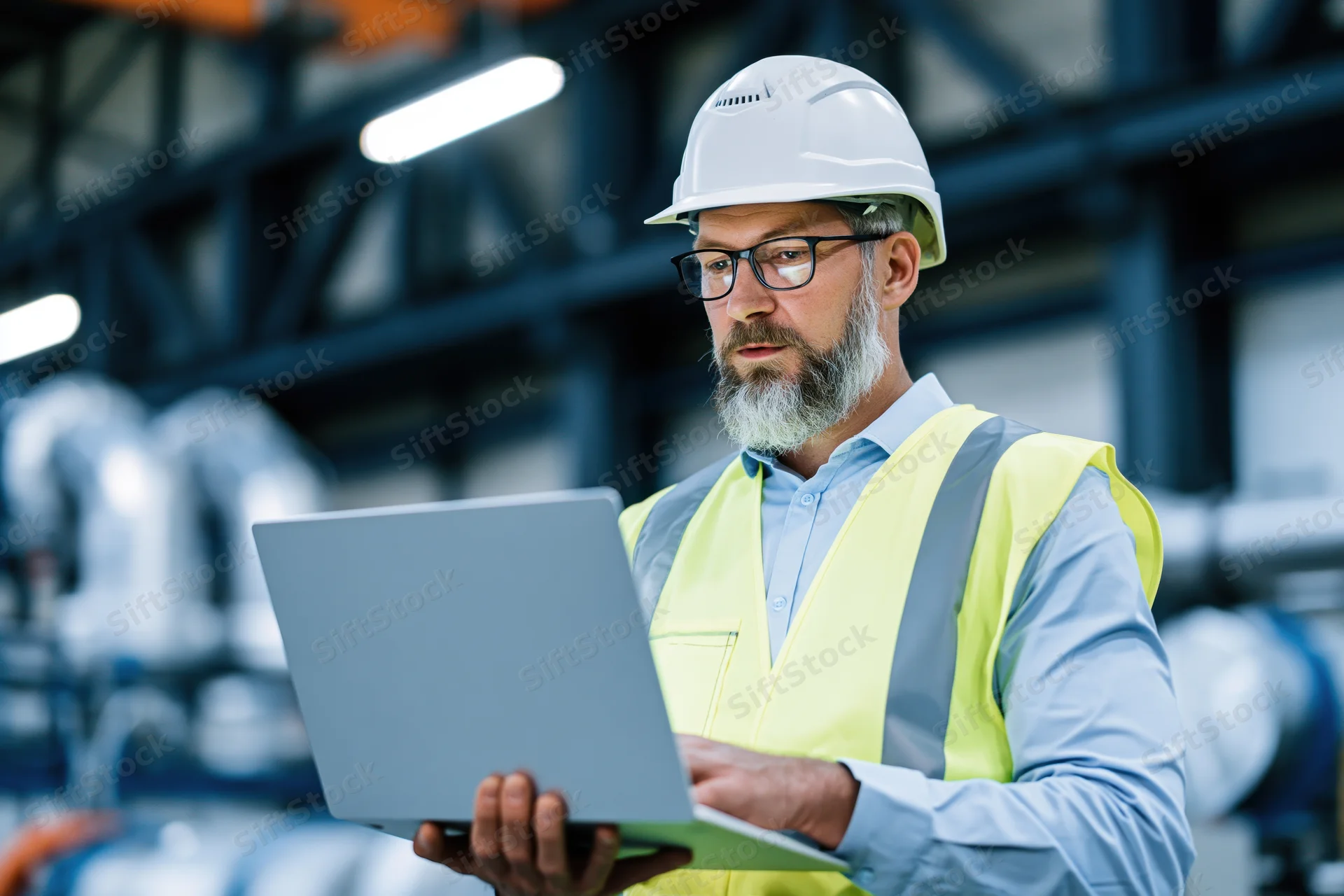 Bearded male engineer in white hard hat and high-visibility vest using laptop in industrial facility