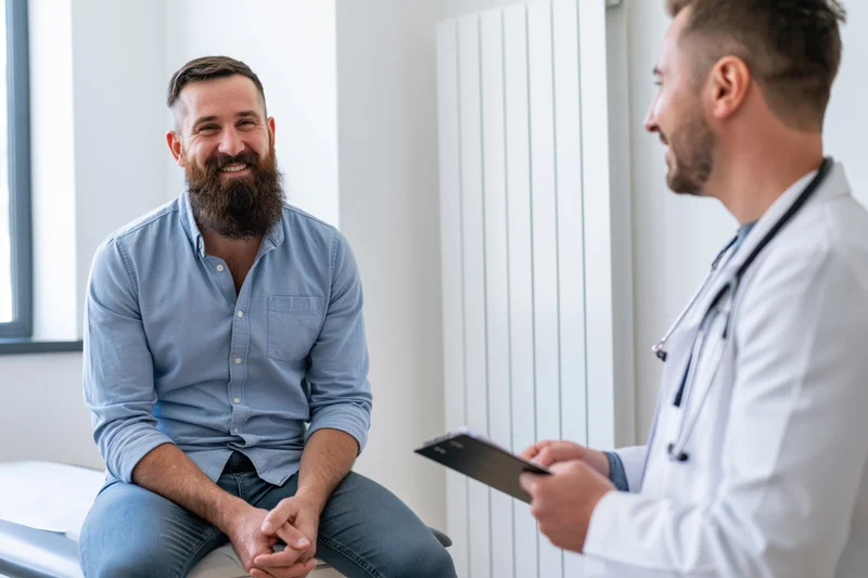 Bearded man smiling during medical consultation with doctor in clinic office