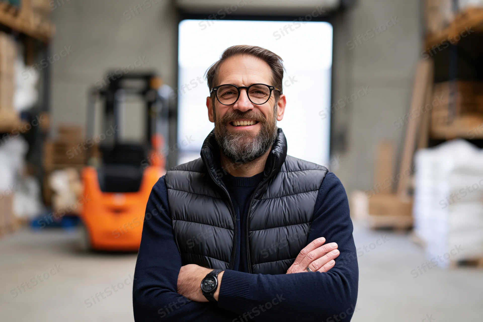 Bearded man with arms crossed smiling in a warehouse interior