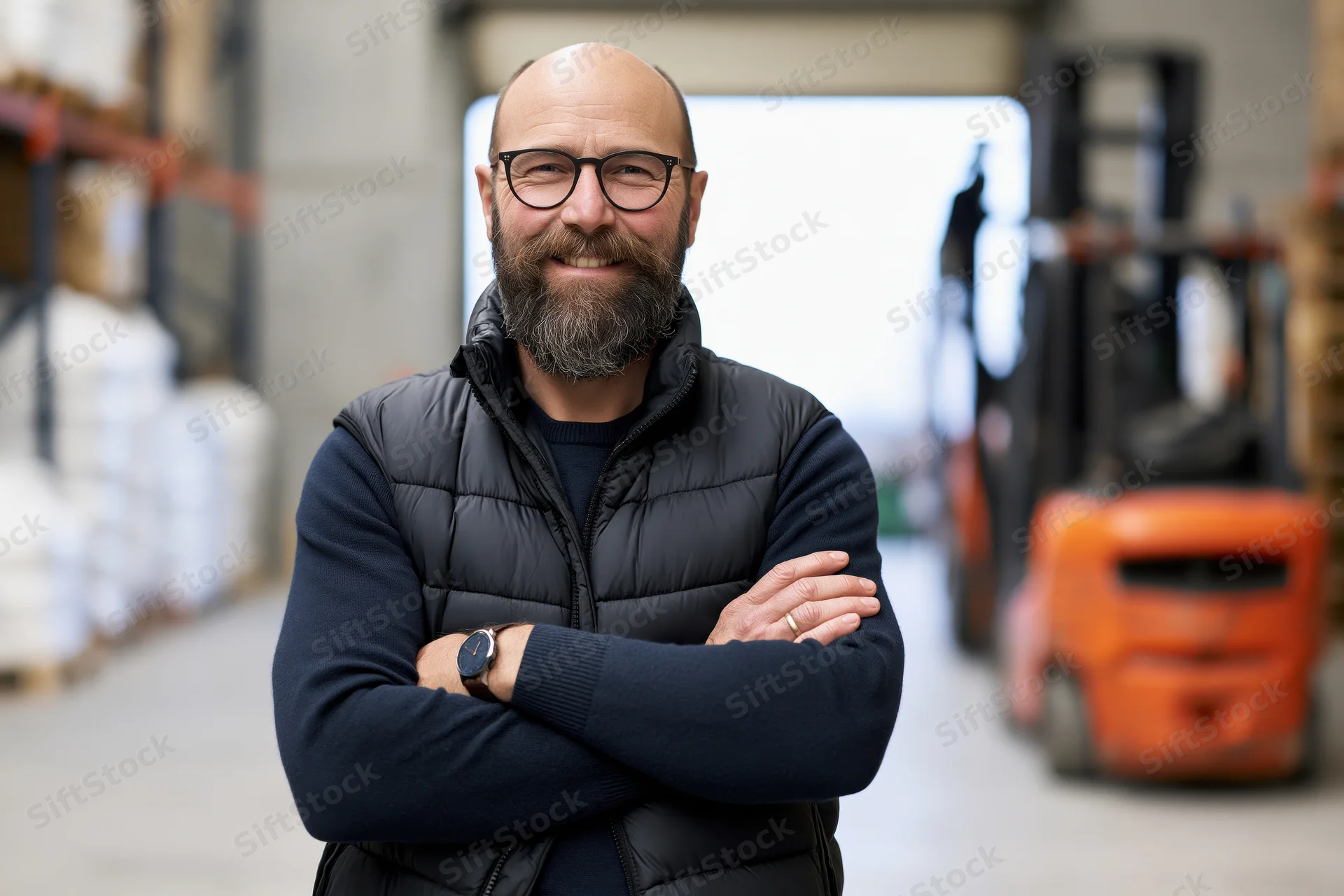 Bearded man with arms crossed smiling in a warehouse interior