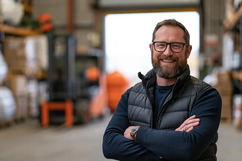 Bearded man with arms crossed smiling in a warehouse interior