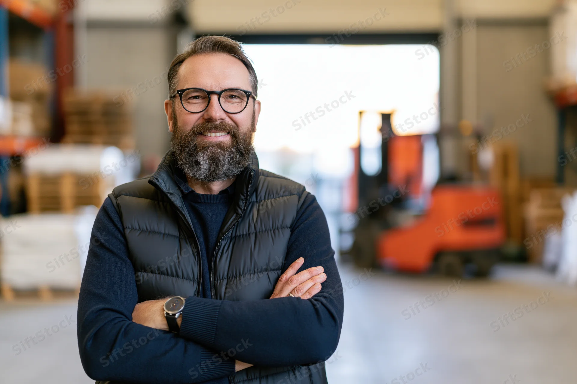 Bearded man with arms crossed smiling in a warehouse interior