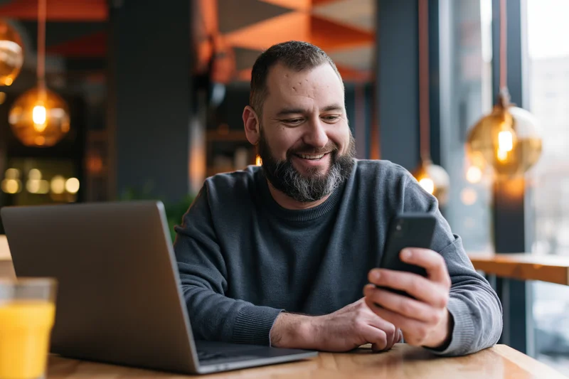 Bearded man smiling while using smartphone at wooden cafe table with laptop and orange juice nearby