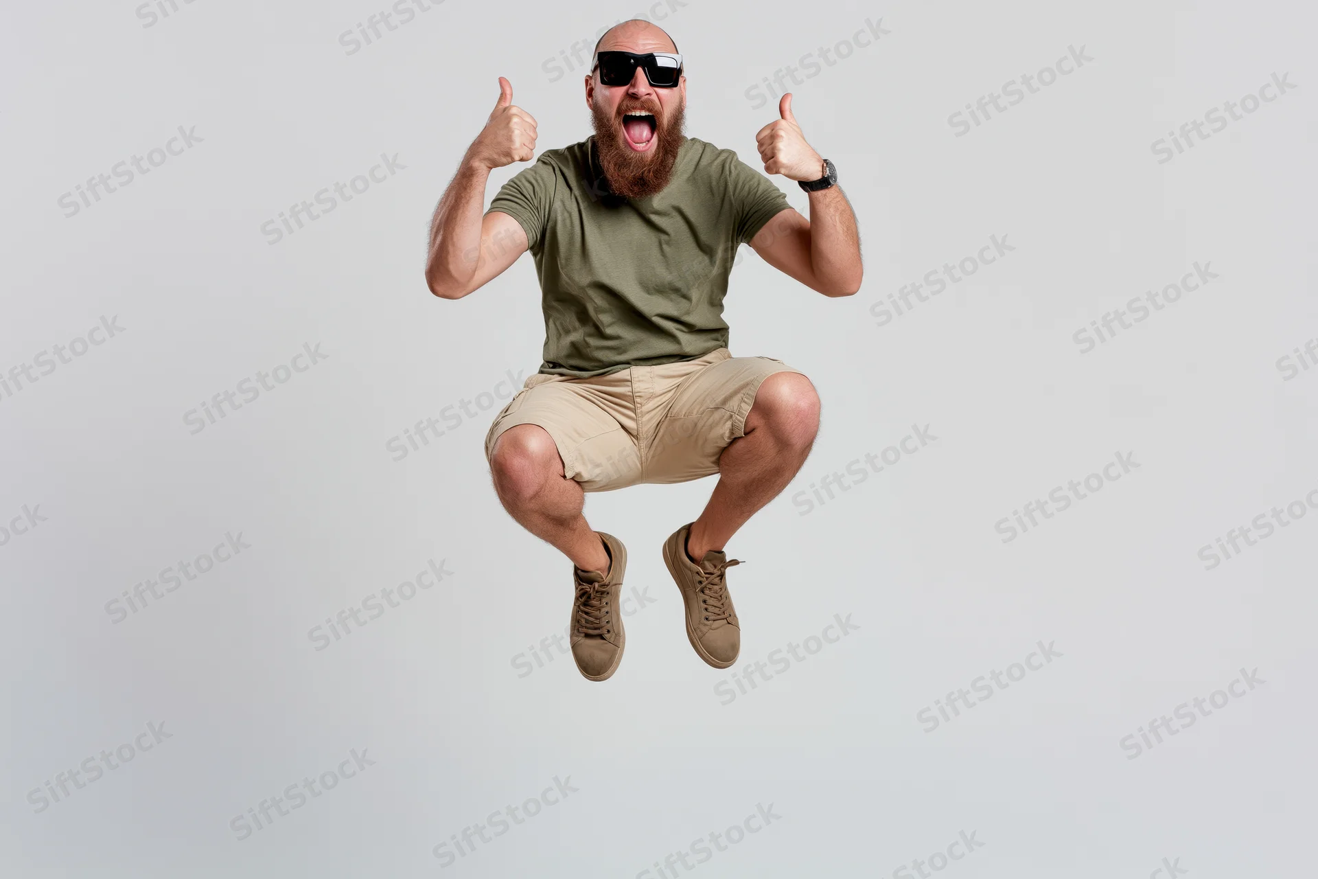 Bearded man mid-jump giving two thumbs up with mouth open in excitement against white background