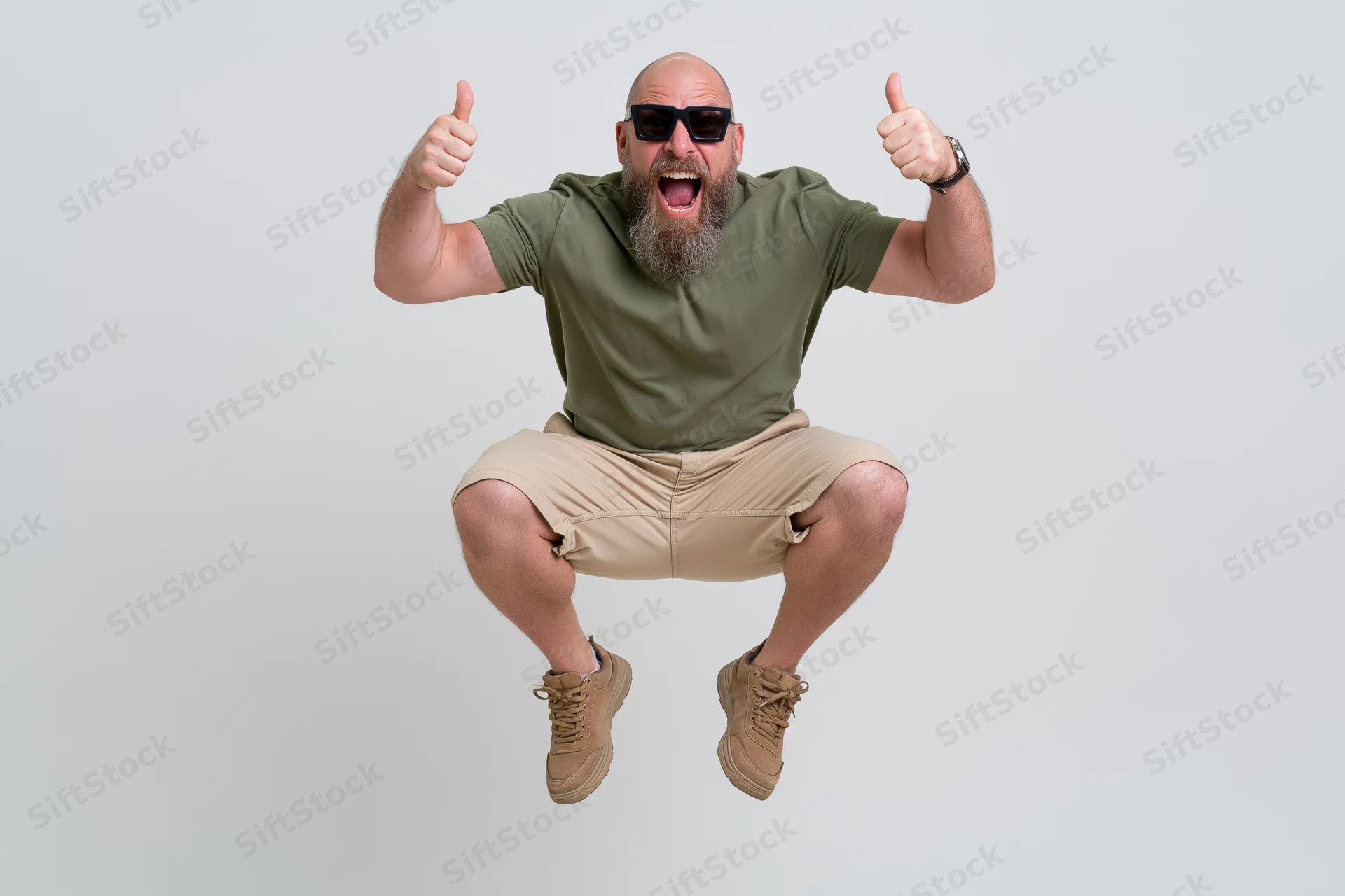 Bearded man mid-jump giving two thumbs up with mouth open against white background