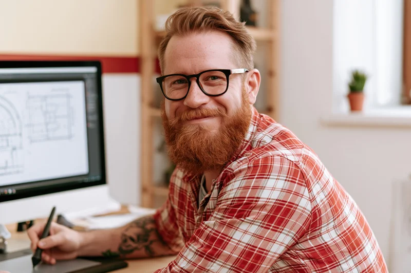 Bearded man in red plaid shirt smiling while drafting on digital tablet at office desk