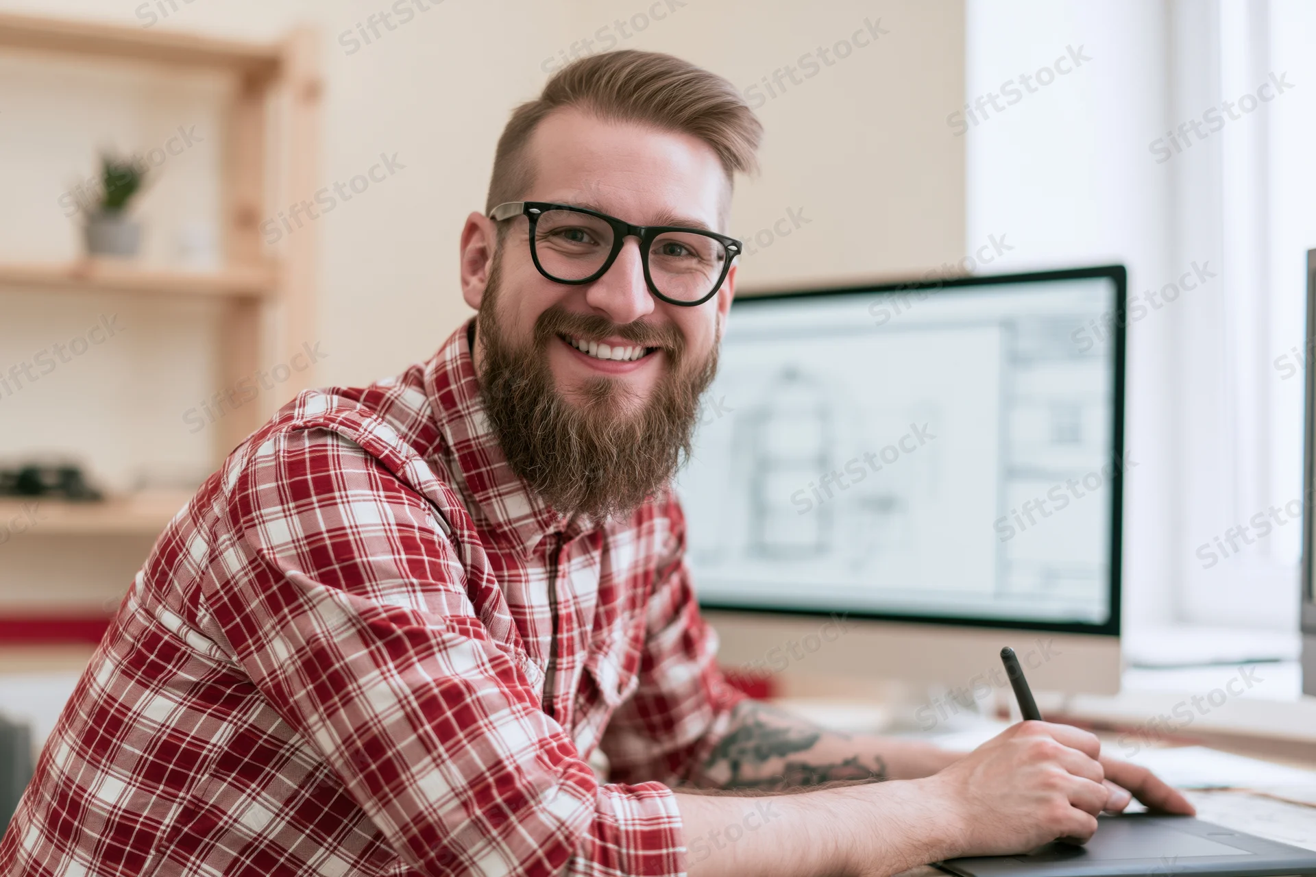Bearded man smiling while using digital tablet at desk in office workspace