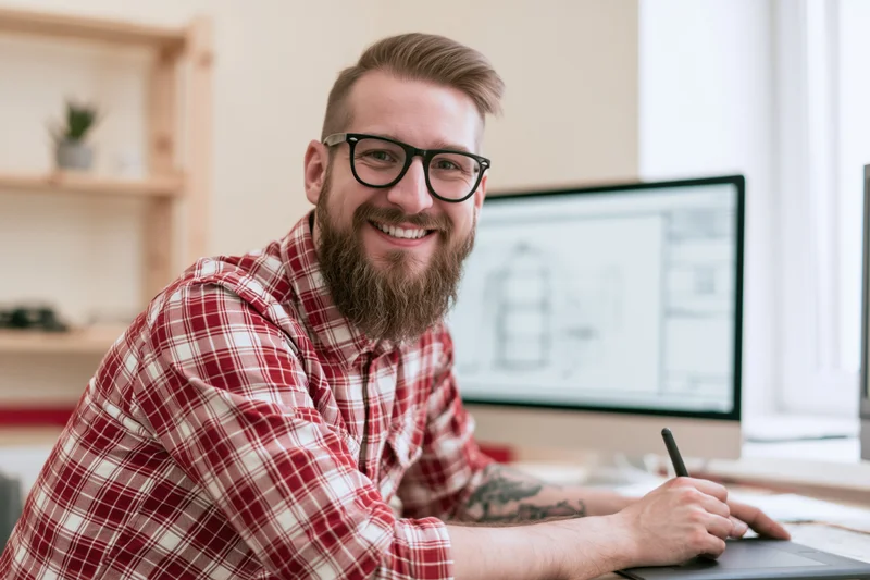 Bearded man smiling while using digital tablet at desk in office workspace