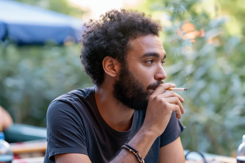Young man with curly hair and beard smoking a cigarette outdoors in a garden setting
