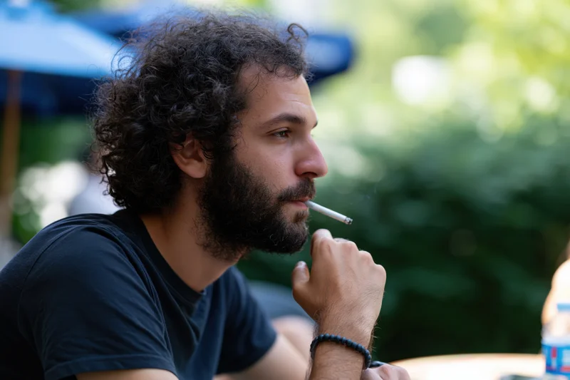 Bearded man with curly dark hair smoking a cigarette outdoors in profile view