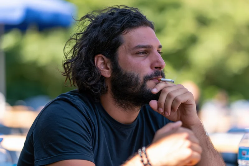 Bearded man with curly dark hair smoking a cigarette outdoors in profile view