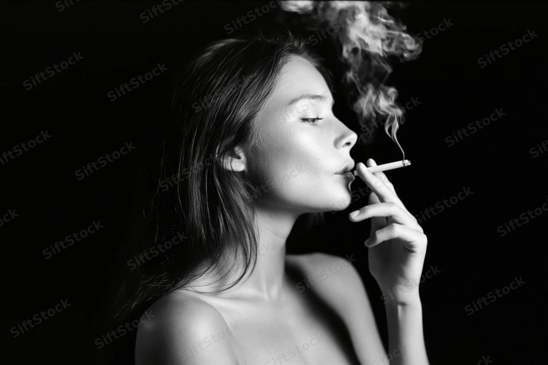 Young woman in profile exhaling smoke from a cigarette against a dark background