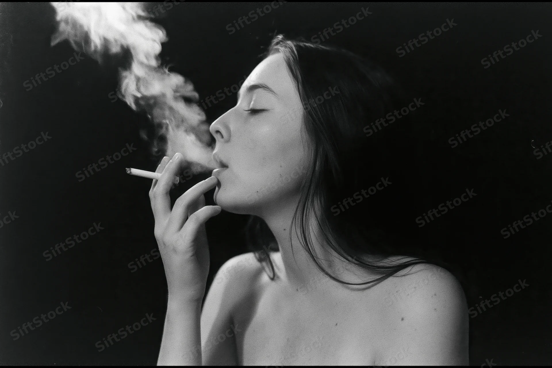 Young woman in profile exhaling smoke from a cigarette against dark background
