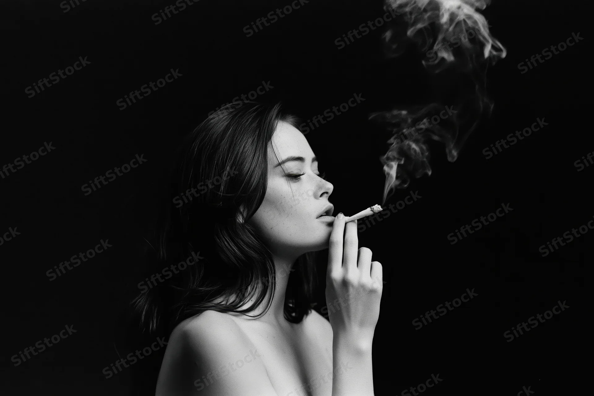 Young woman in profile smoking a cigarette against dark background