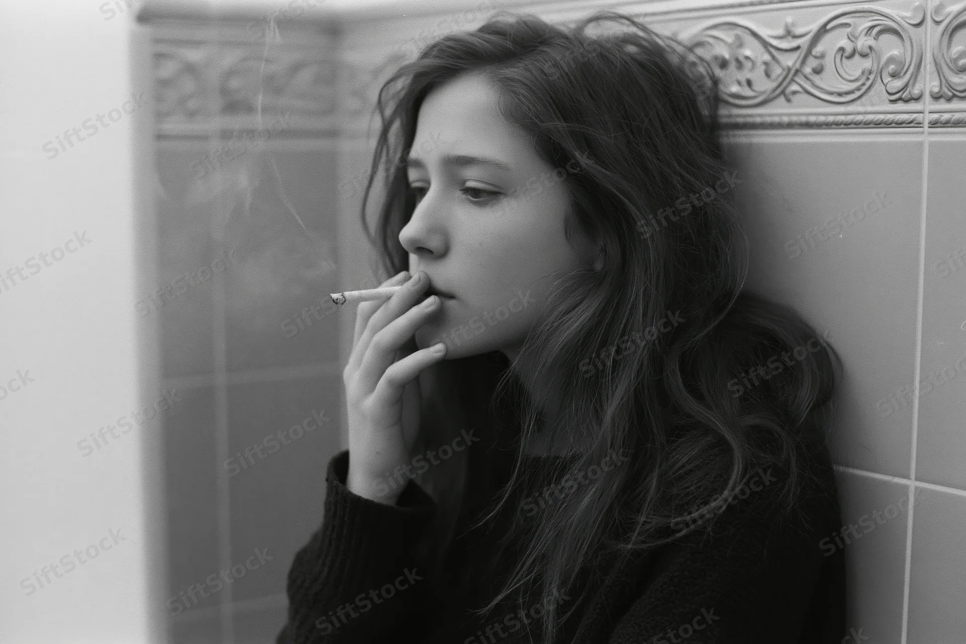 Young woman smoking a cigarette in profile against a tiled wall
