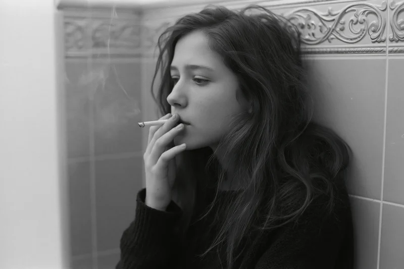 Young woman smoking a cigarette in profile against a tiled wall