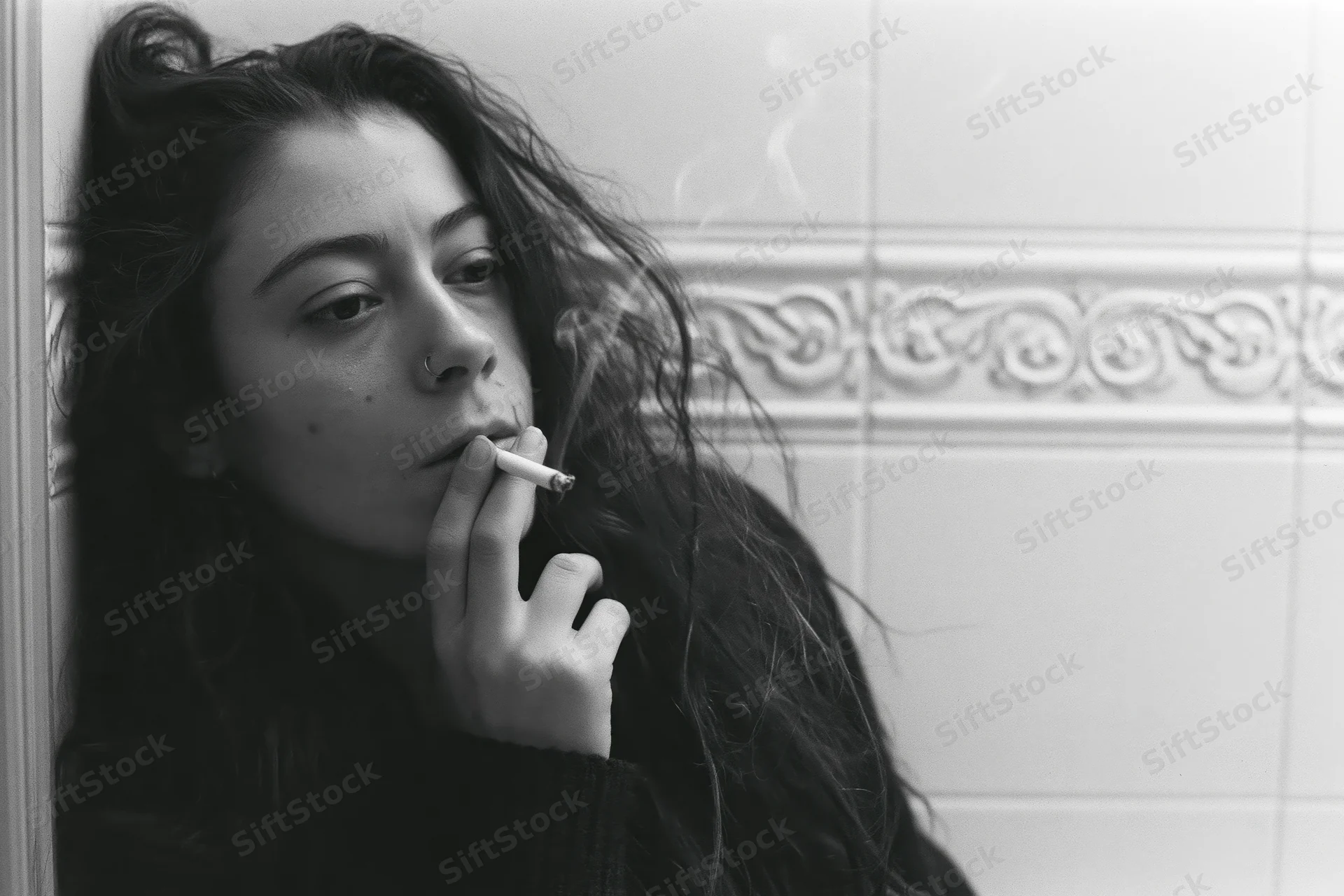 Young woman smoking a cigarette in a tiled bathroom, leaning against the wall with a contemplative expression
