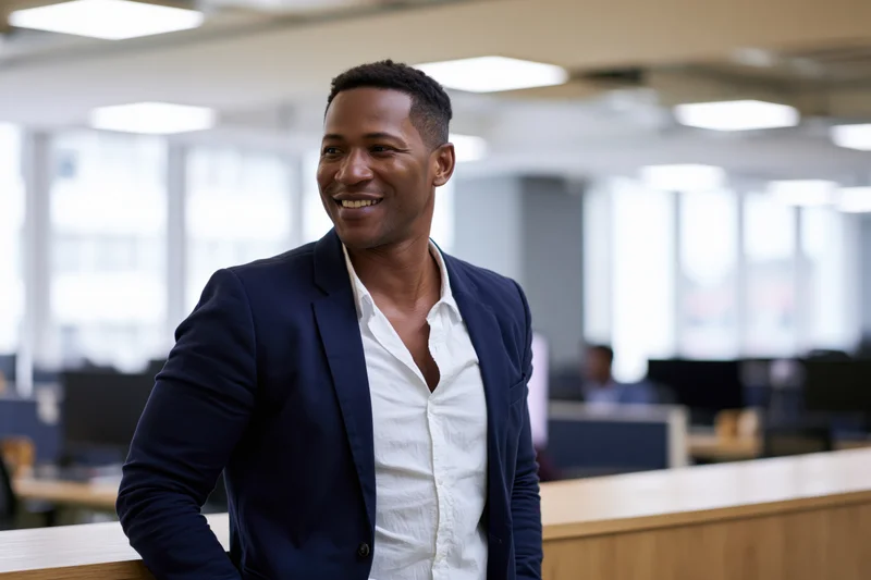 Smiling black businessman in suit leaning against desk in open-plan office