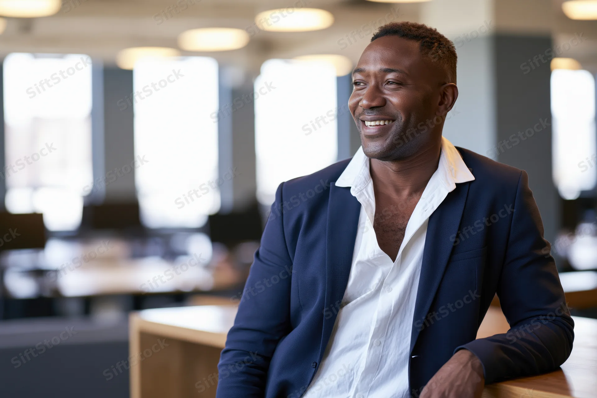 Smiling black businessman in suit leaning on desk in modern office interior