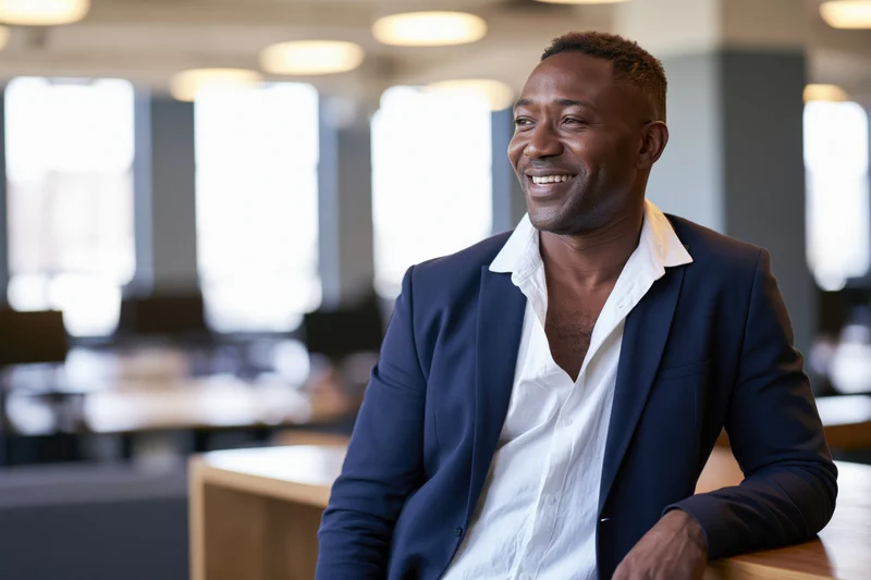 Smiling black businessman in suit leaning on desk in modern office interior