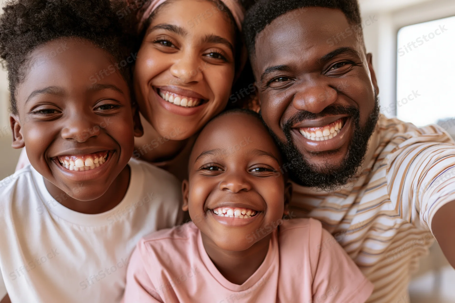 Black family of four smiling closely together in a home selfie