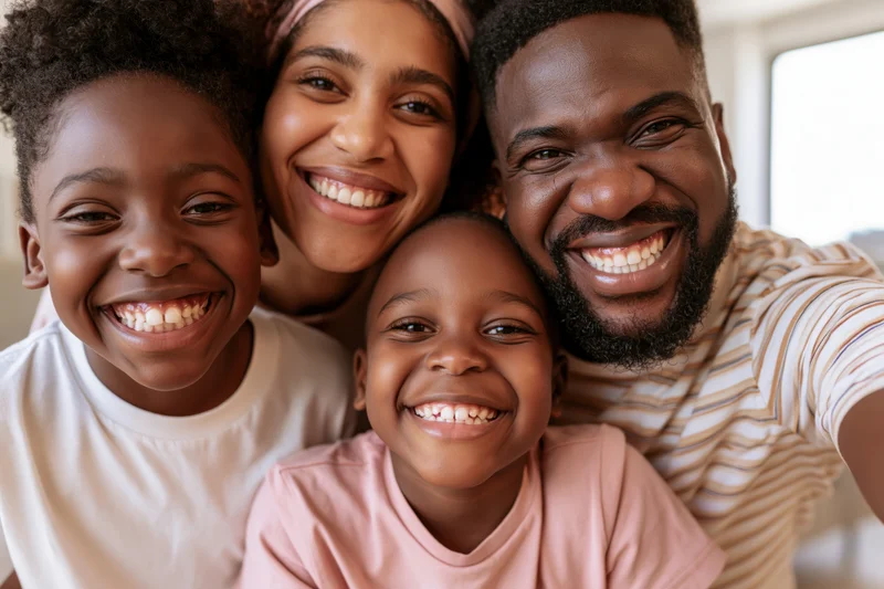 Black family of four smiling closely together in a home selfie