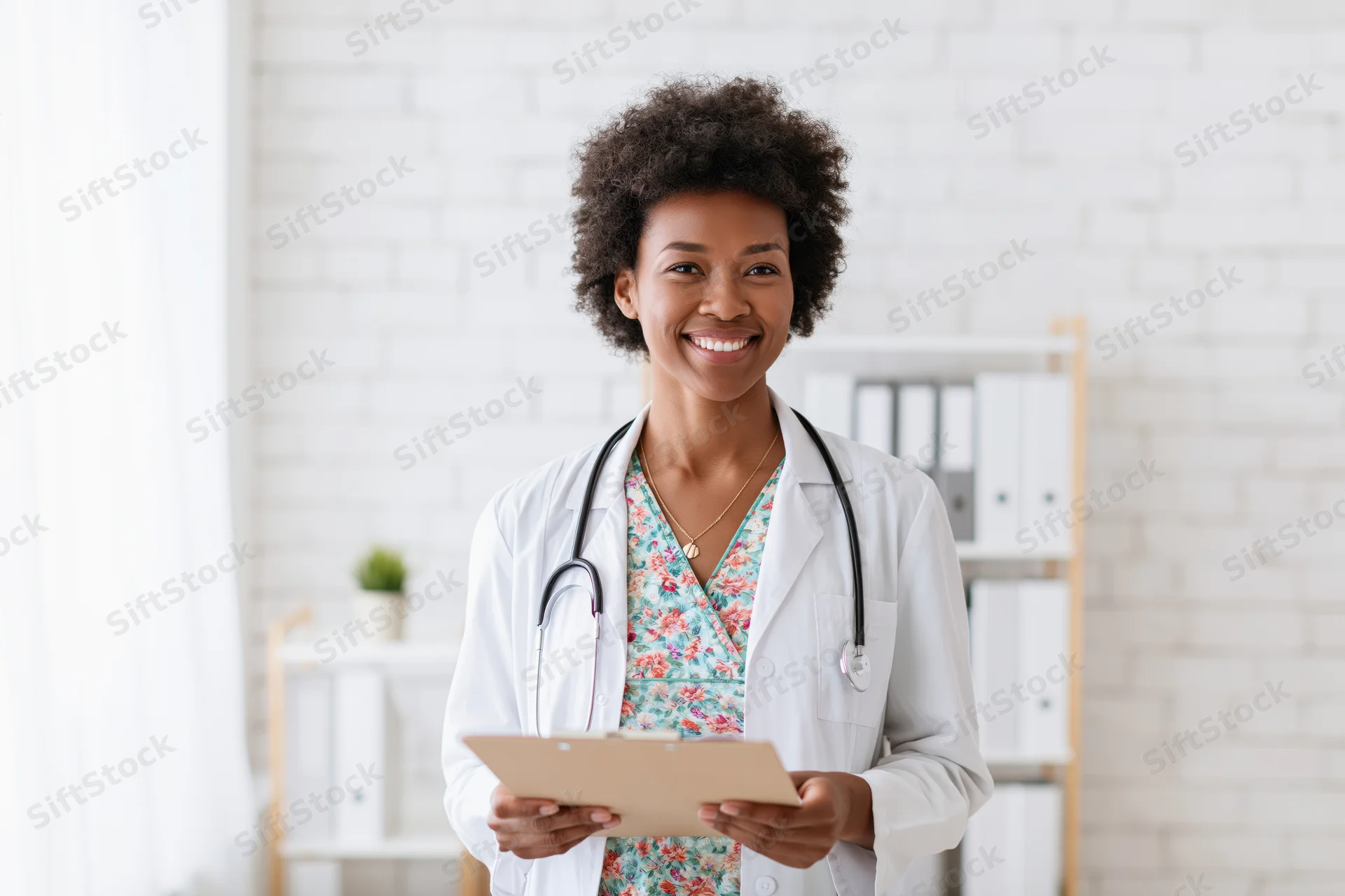 Smiling black female doctor holding clipboard in clinic office