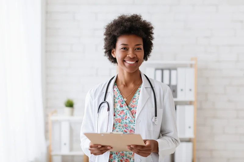 Smiling black female doctor holding clipboard in clinic office