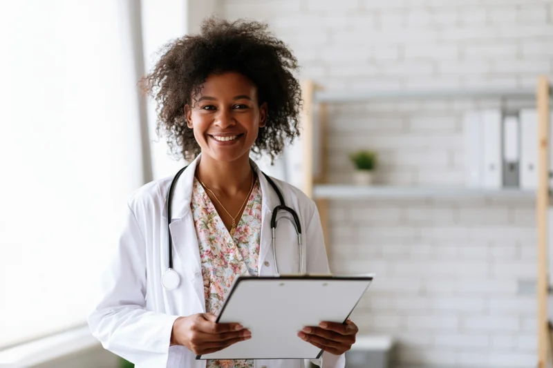 Black female doctor smiling while holding clipboard in clinic office