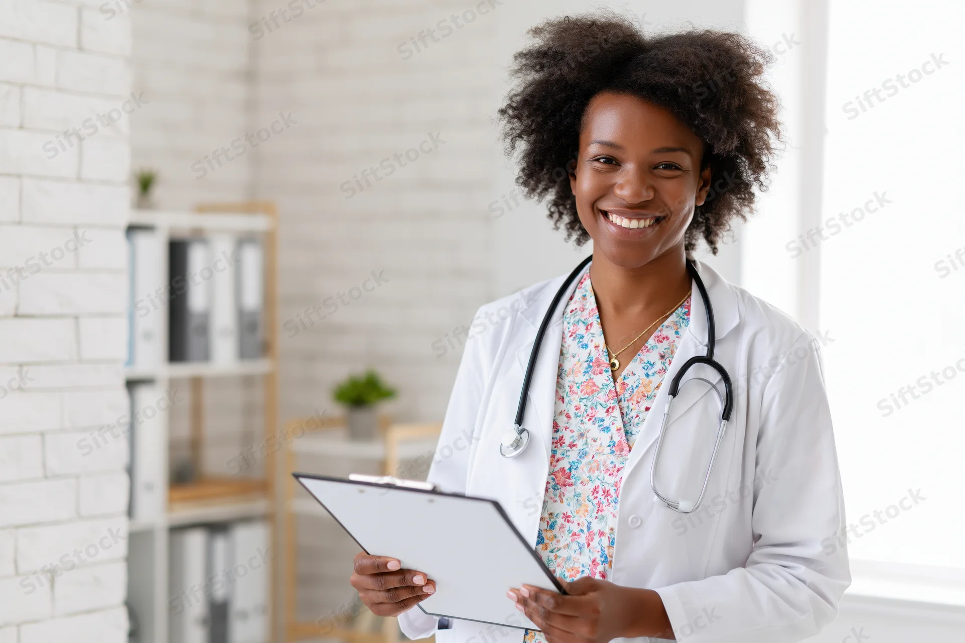 Smiling black female doctor holding clipboard in clinic office