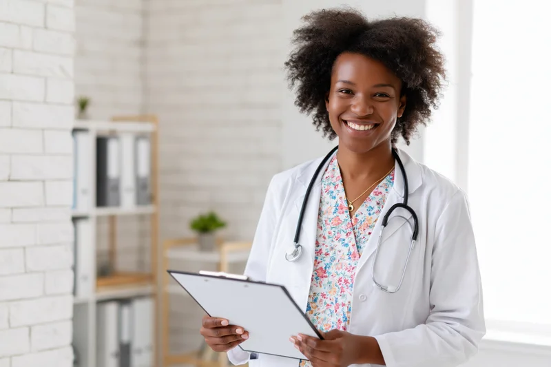 Smiling black female doctor holding clipboard in clinic office