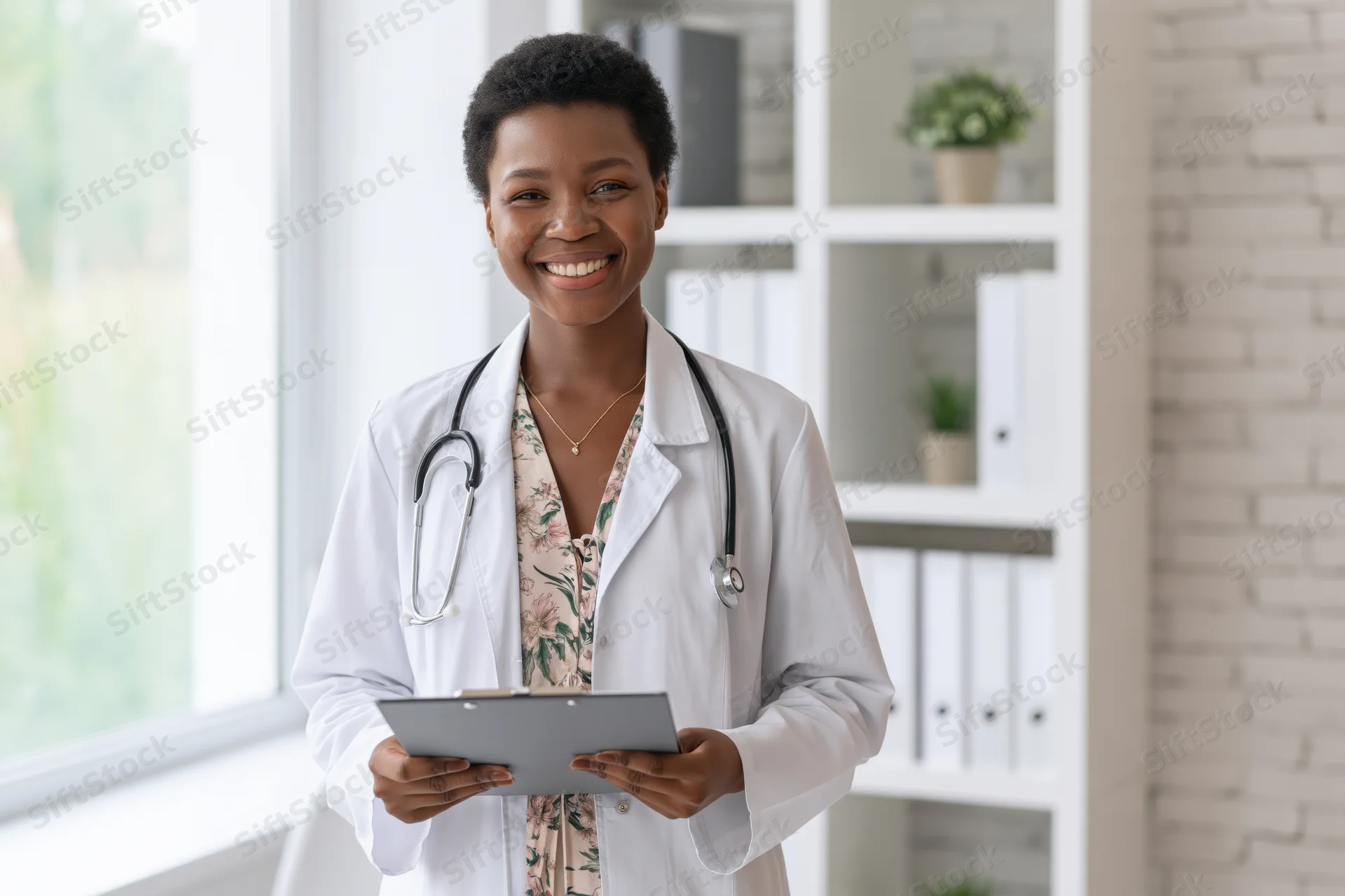 Black female doctor smiling while holding clipboard in bright clinic office
