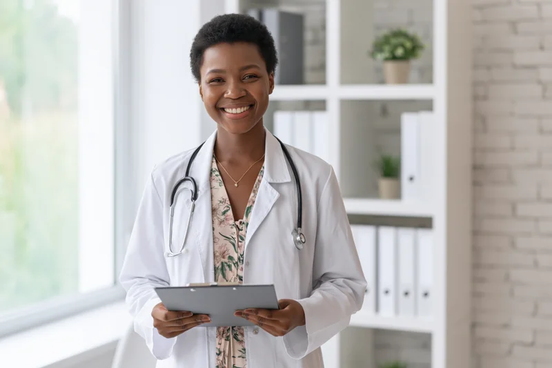 Black female doctor smiling while holding clipboard in bright clinic office