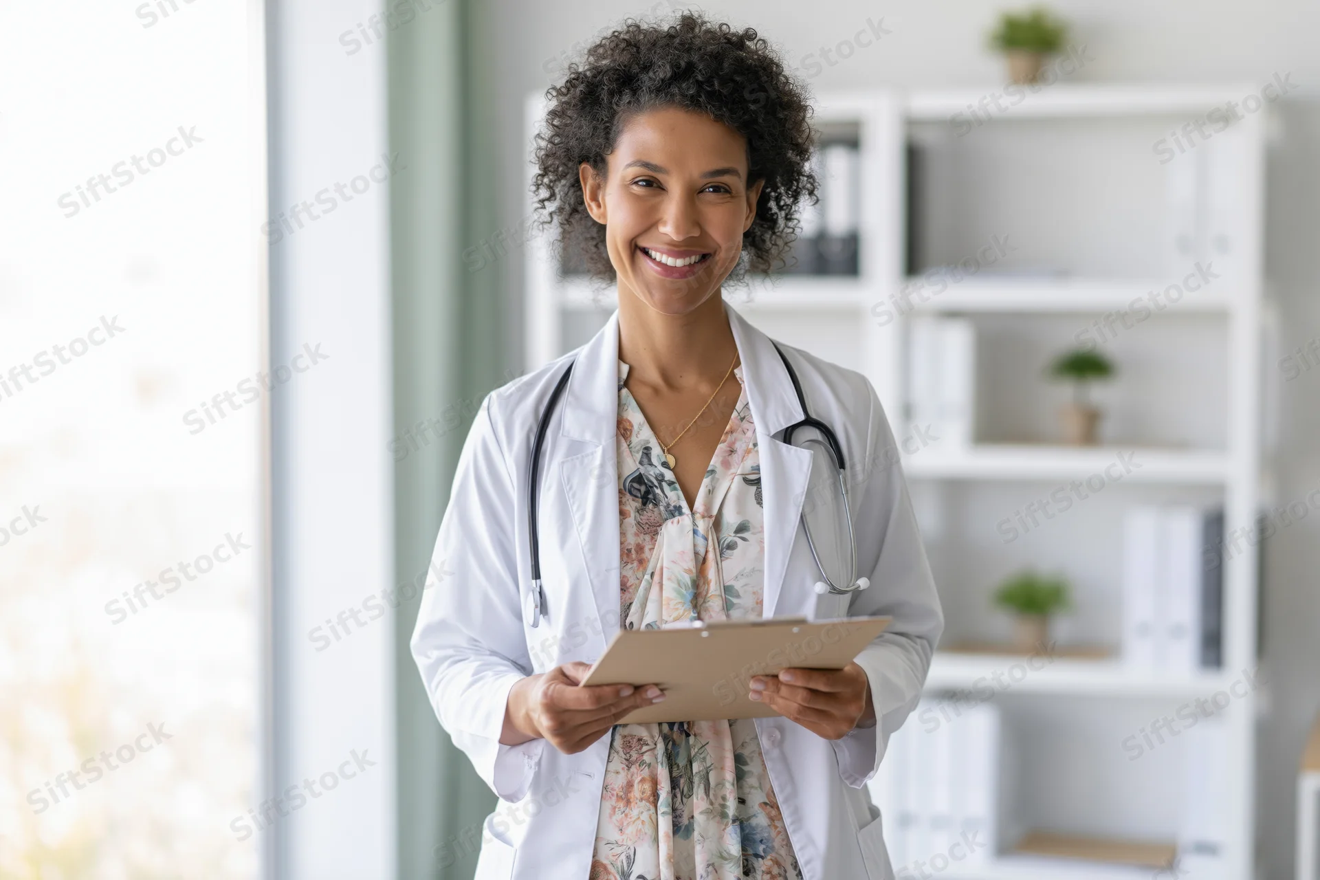 Smiling female doctor in white lab coat holding clipboard in bright clinic office