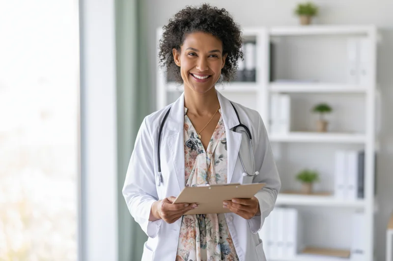 Smiling female doctor in white lab coat holding clipboard in bright clinic office